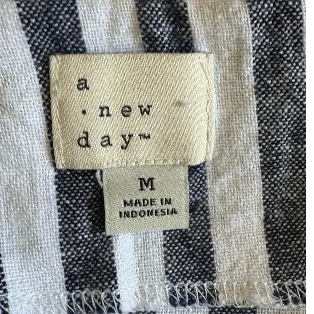A New Day Striped Sun Dress Blue White Linen Rayon Medium